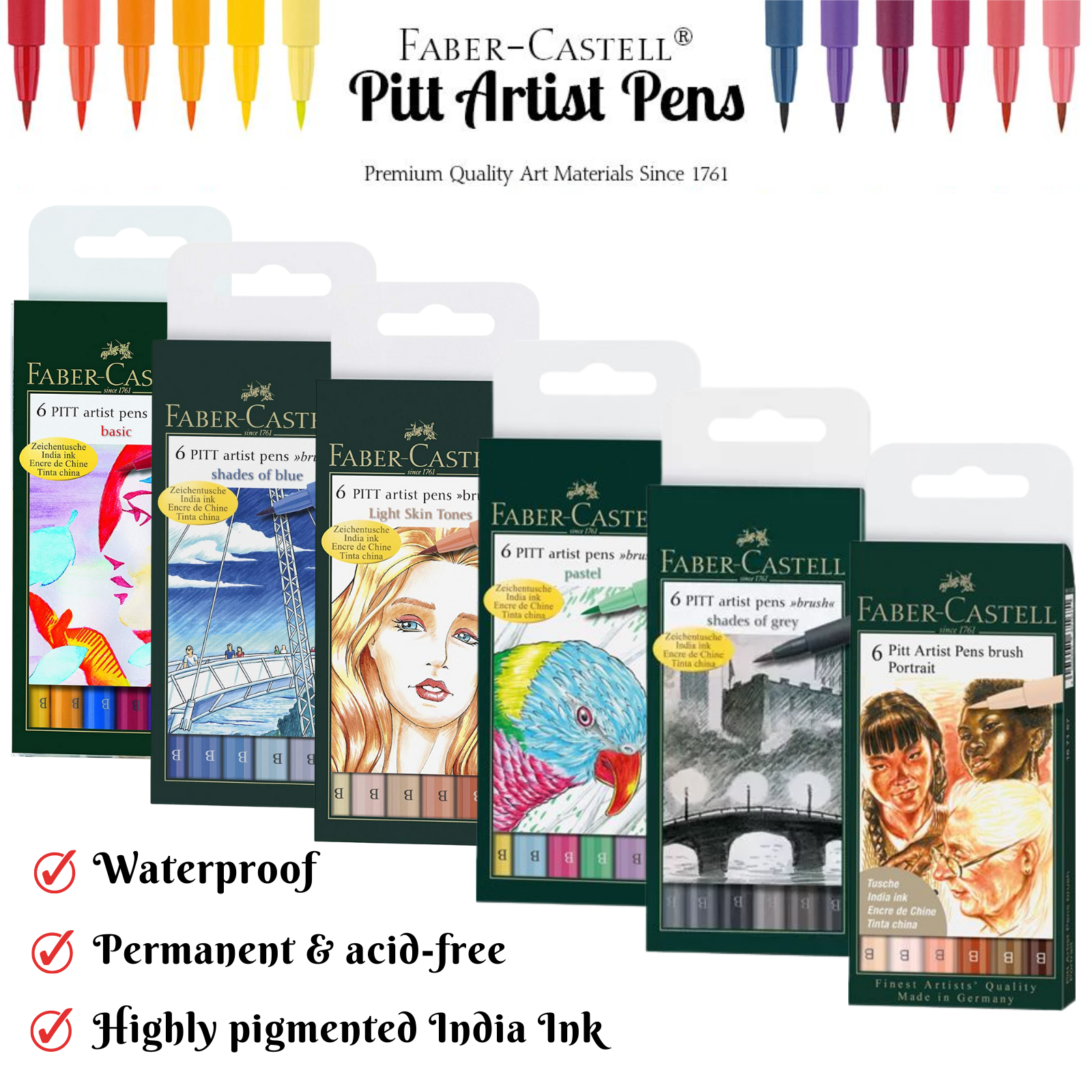 Faber-Castell PITT Artist Pens, 6 Pack,  Pastel, Blue, Grey, Portrait, Skin Tone, Basic