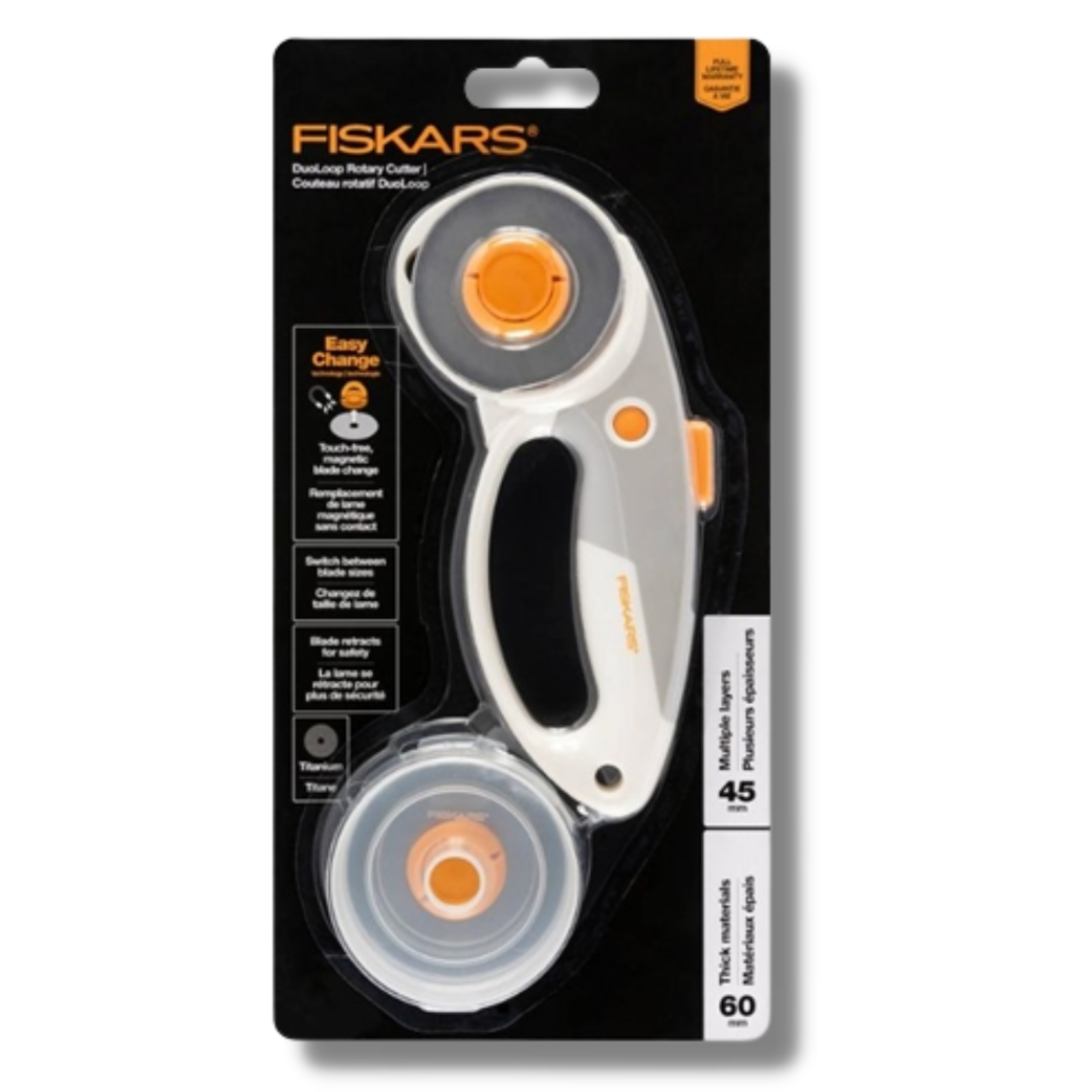 Fiskars 45 mm, 60 mm Rotary Cutter Blade, Easy Change DuoLoop - includes 45mm & 60mm blades, blade hubs & storage