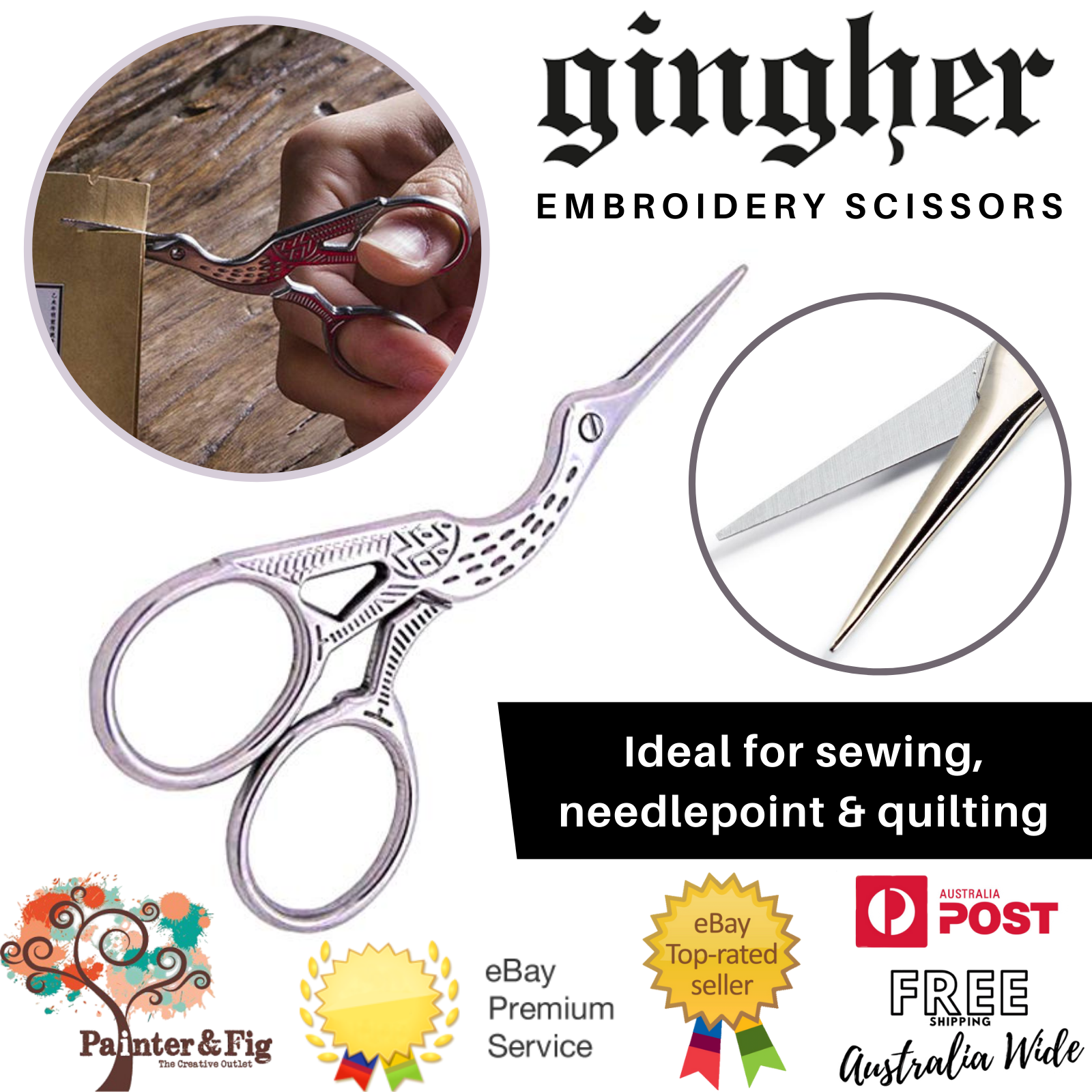 Gingher Embroidery Scissors, Needlepoint, Crewel, Sewing, 3.5