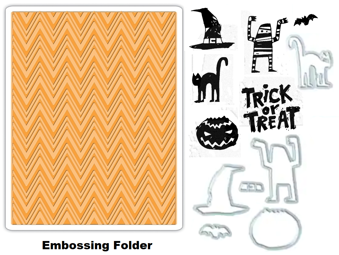 Tim Holtz Halloween Trick or Treat Stamps & Dies, Zig Zag Embossing Folder Set - hand-drawn pumpkin, witches hat, mummy