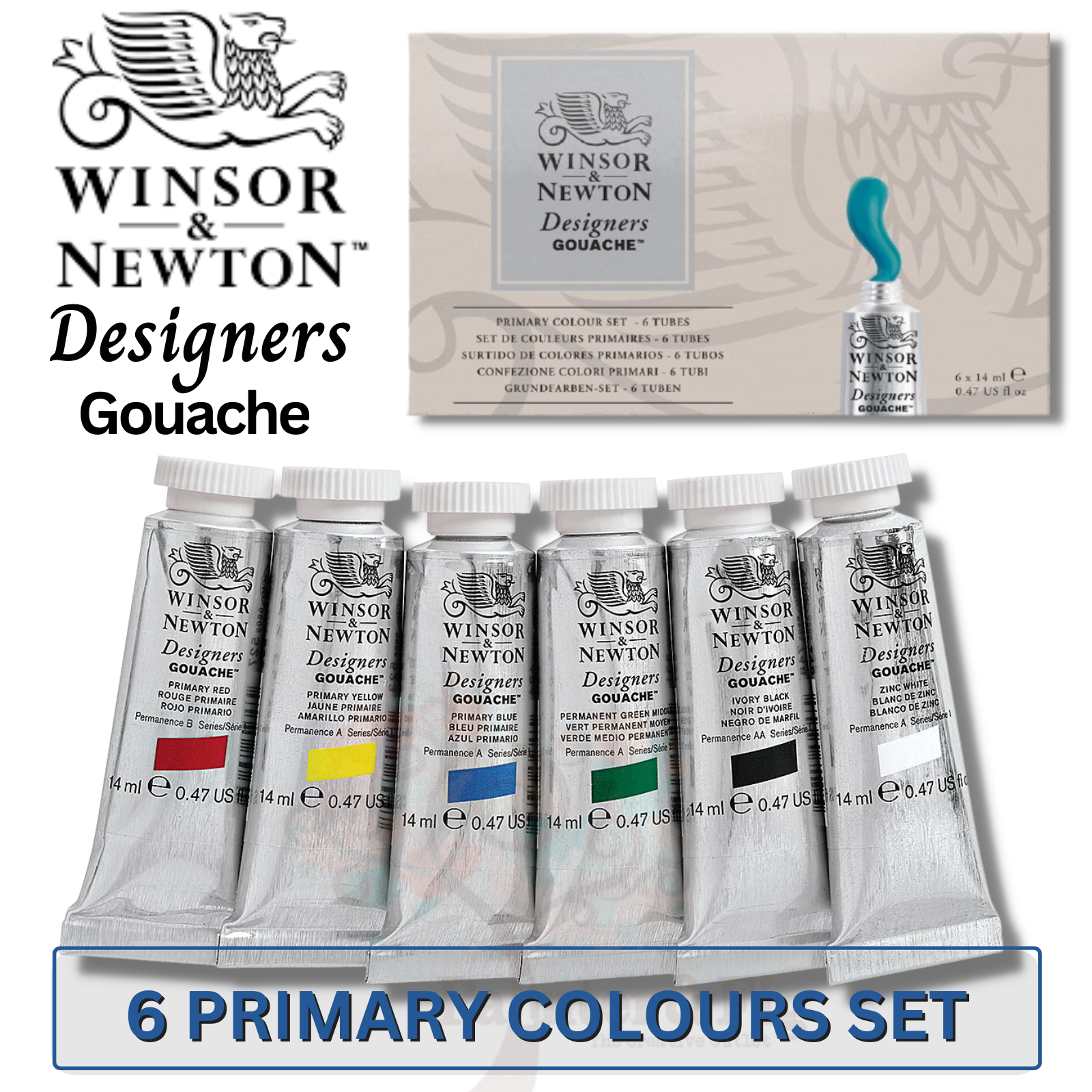 Winsor & Newton 6 Designers Gouache Primary Colours, 14ml Tube, Painting