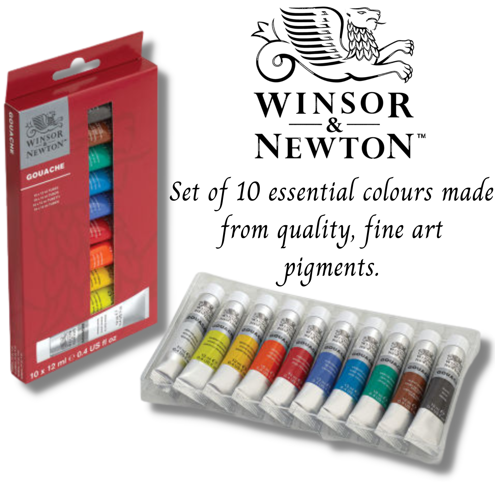 Winsor & Newton Gouache Primary Colour Set, 12ml, 10 Colours - contains 10 x 12ml tubes in the essential colours