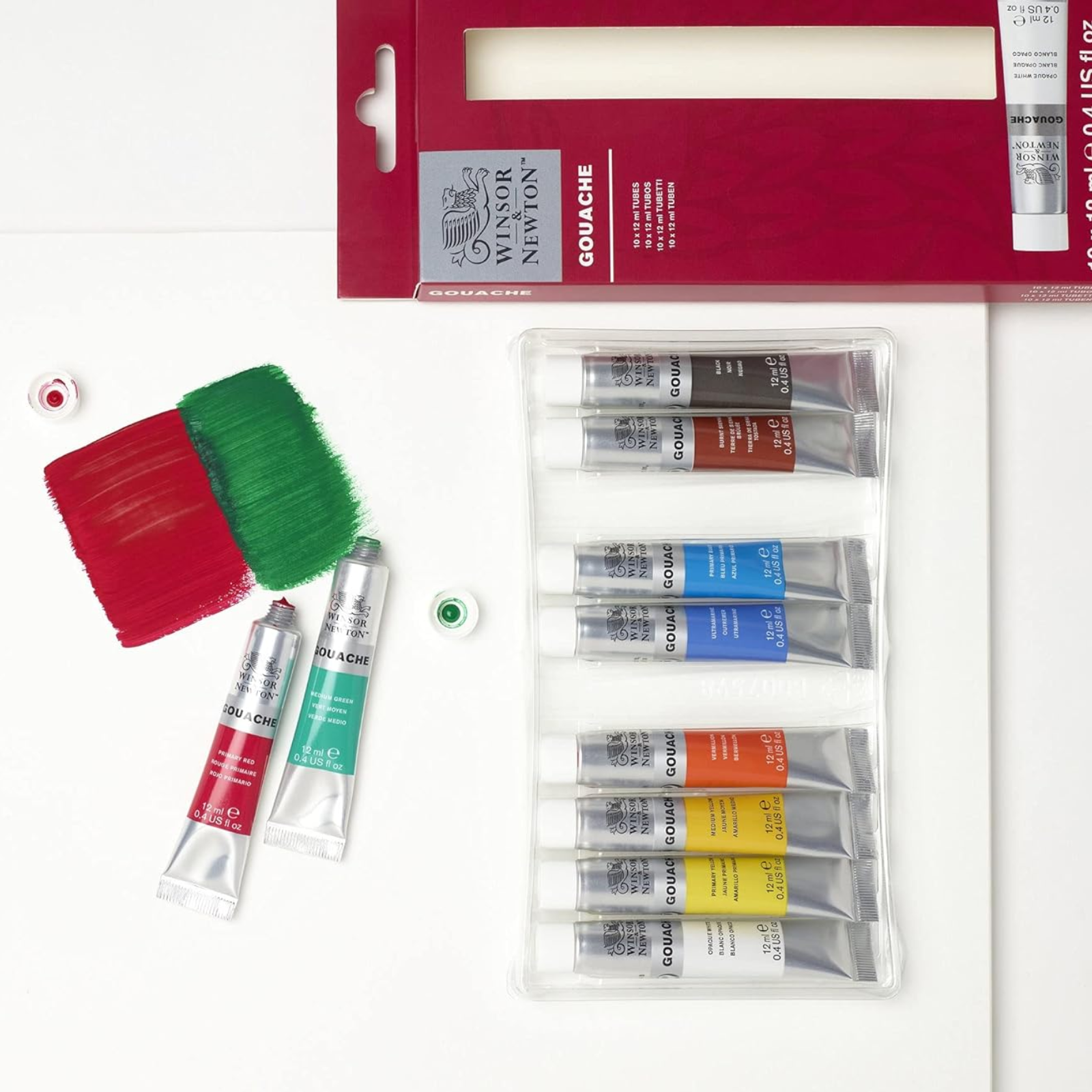 Winsor & Newton Gouache Primary Colour Set, 12ml, 10 Colours - allows for precise, continous flow of paint