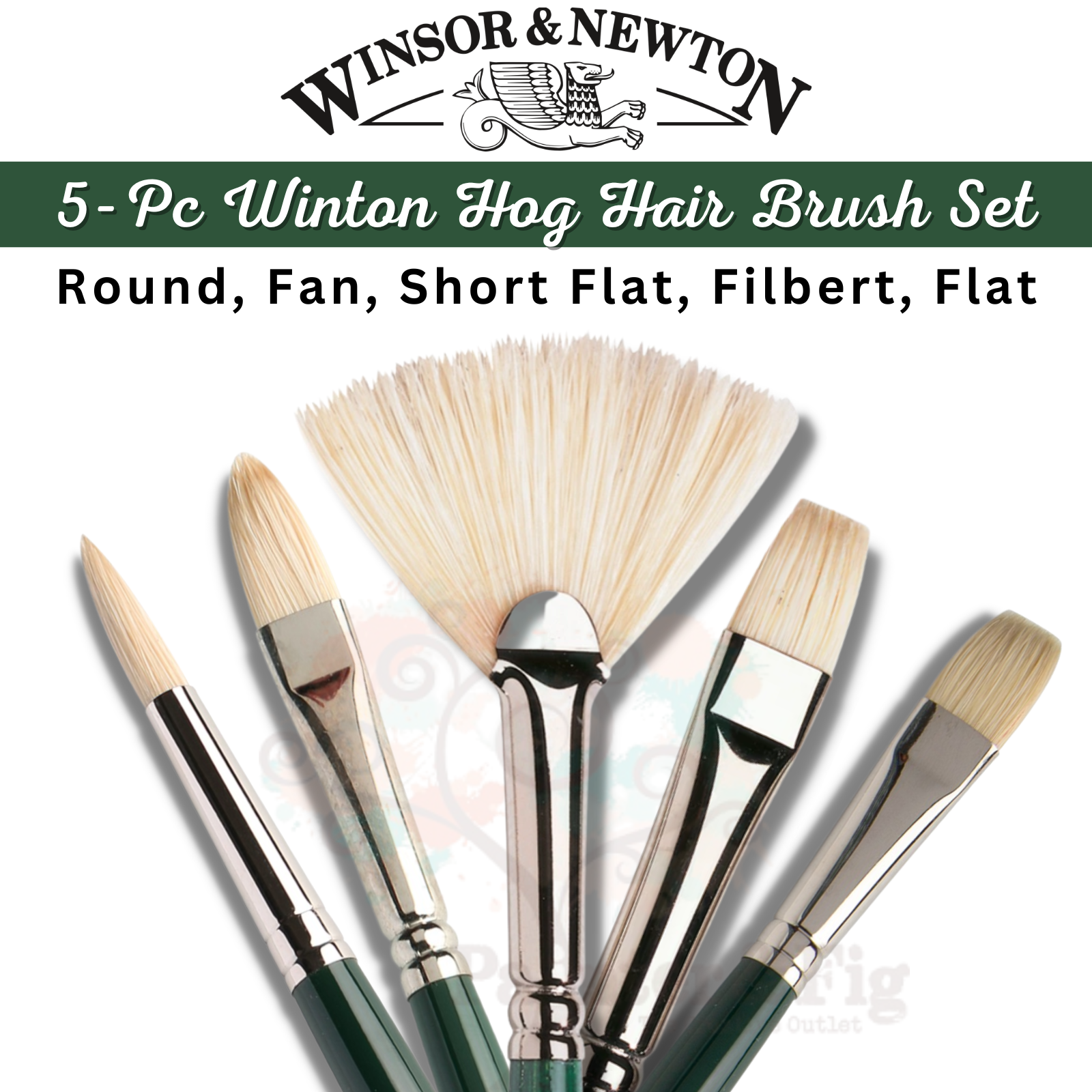 5 Winsor & Newton Winton Hog Hairbrushes for Oil & Acrylic, Round, Flat, Fan